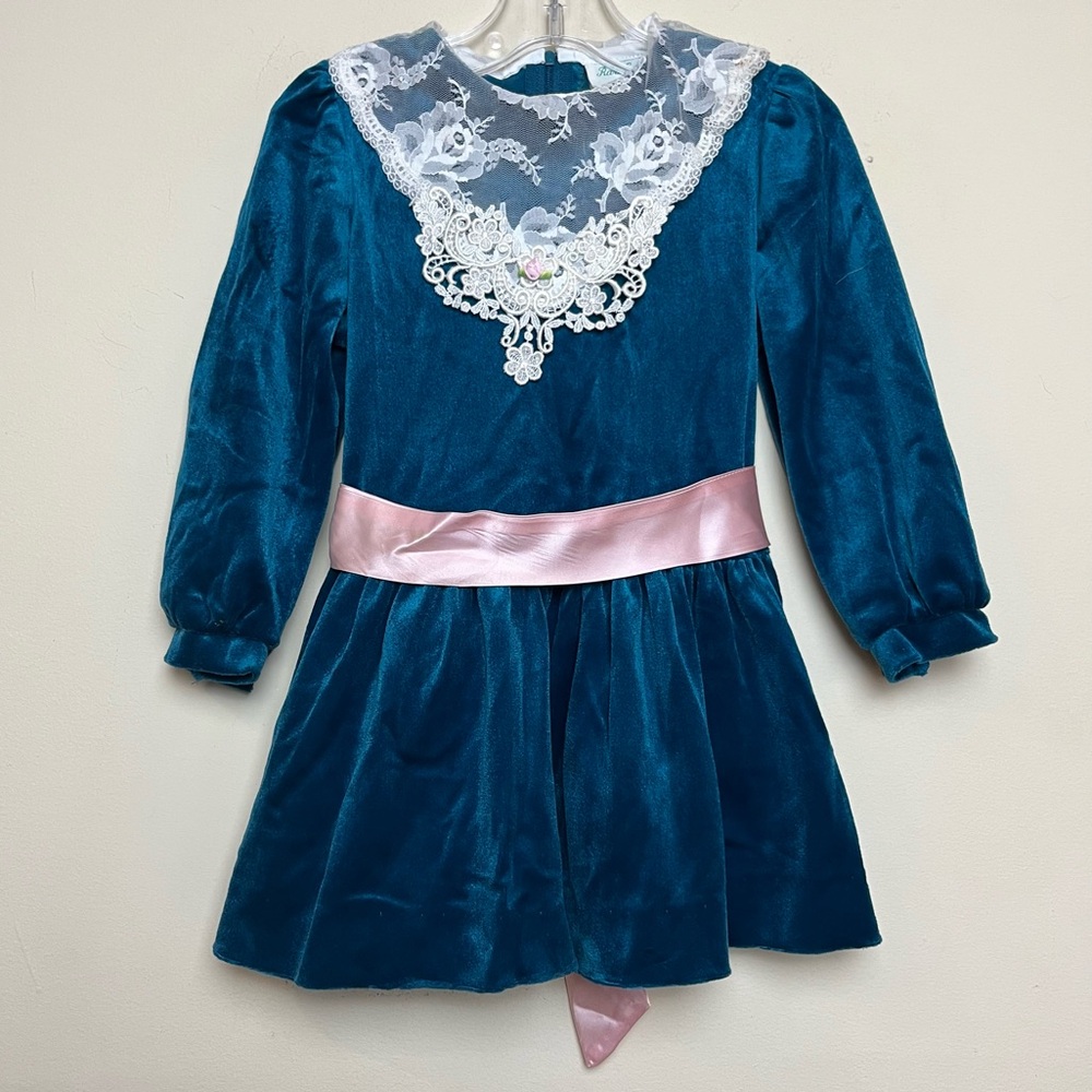 Vintage‎ Rare Editions Turquoise Blue Velvet Dress Lace Collar Bow Sz 4T GVC